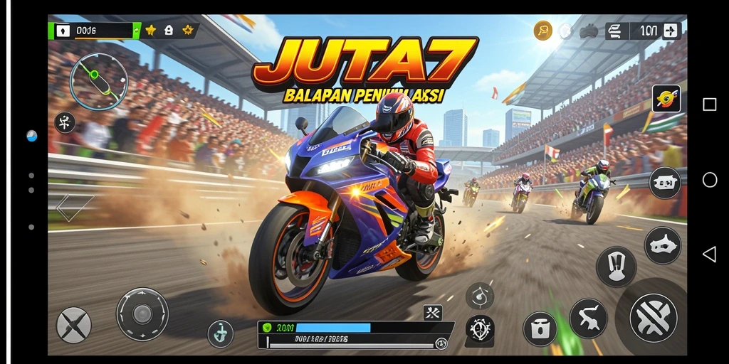 Tampilan gameplay JUTA7 dengan aksi balapan motor yang mendebarkan.